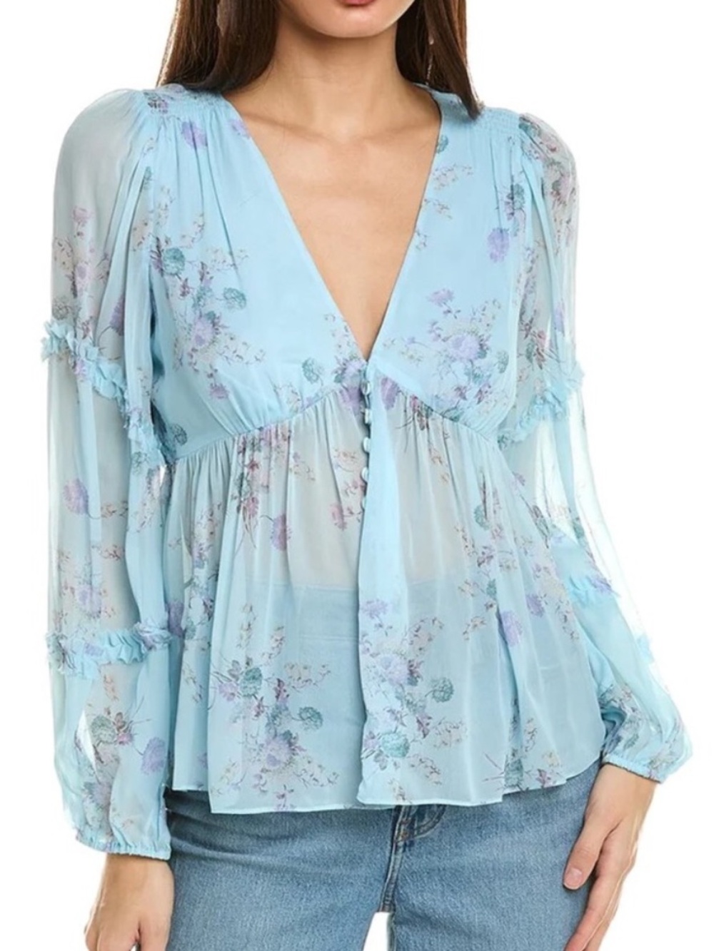 LoveShackFancy Elian Blouse Pale Blue Floral V-Neck Button Babydoll Top Size XL